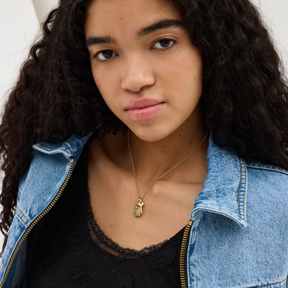 COACH®,Rainbow Quilted Padlock Key Pendant Necklace,Single Strand,Glass,Enamel,Crystal,Cubic Zirconia,3D Embellishment,Gem...,Multi Color,Detail View