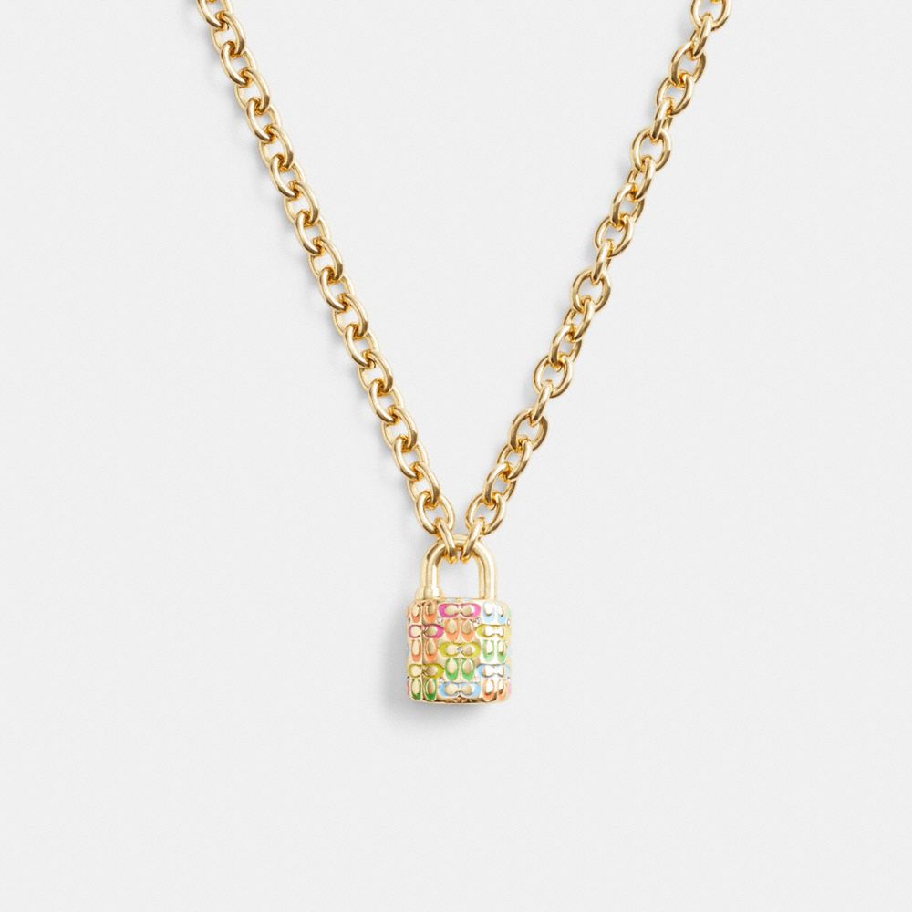 COACH®,RAINBOW QUILTED PADLOCK CHAIN NECKLACE,Gold/Multi,Front View