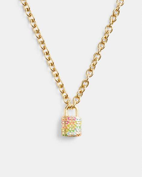 COACH®,RAINBOW QUILTED PADLOCK CHAIN NECKLACE,Gold/Multi,Front View