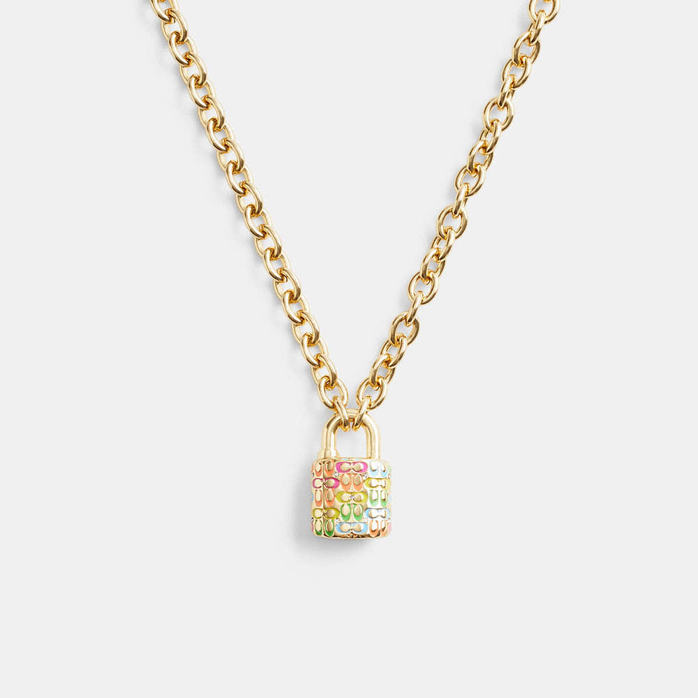 Shop Coach Rainbow Quilted Padlock Chain Necklace In Gold/multi