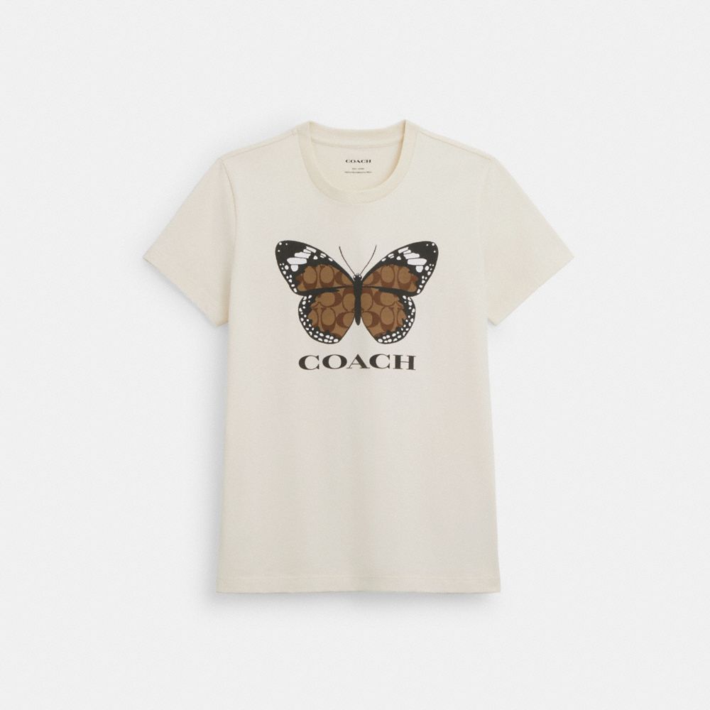 COACH®,T-SHIRT PAPILLON EN COTON BIOLOGIQUE,Autre,Crème,Front View