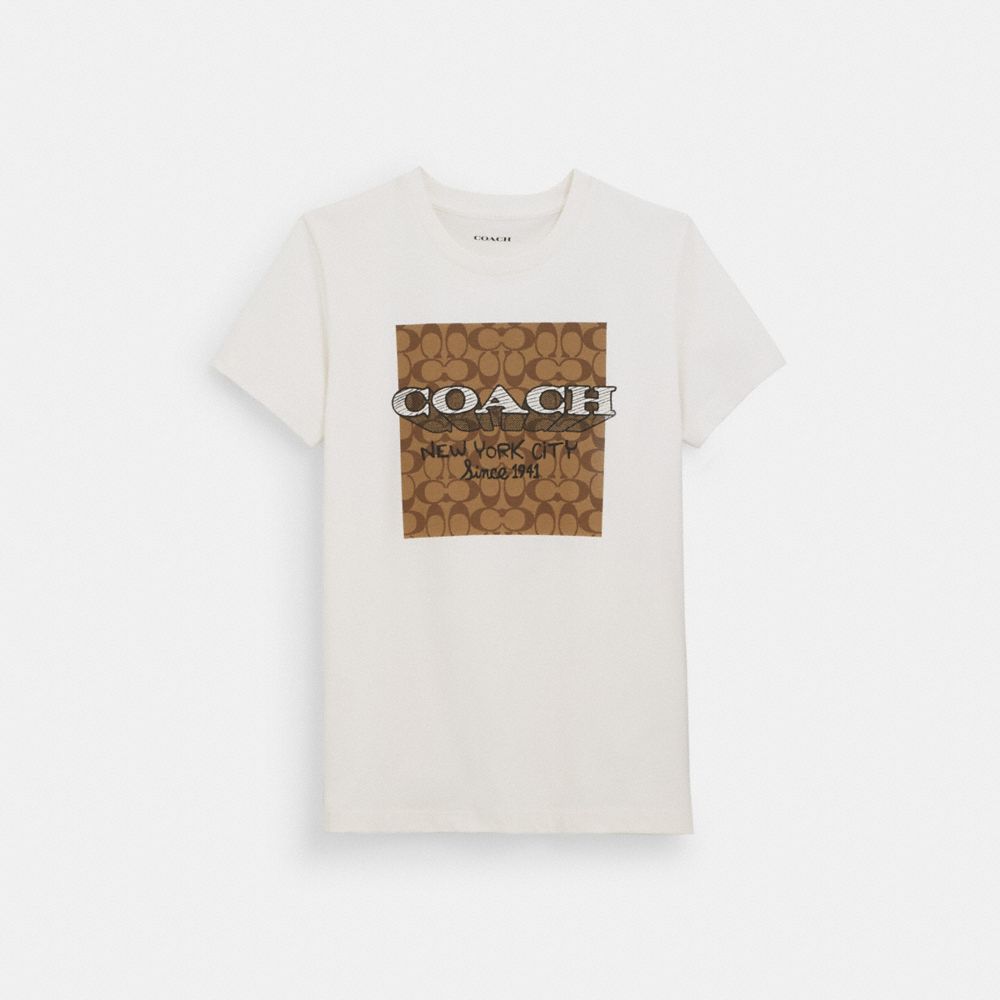 COACH®,Signature New York T Shirt In Organic Cotton,Cotton,T Shirt,No Embellishment,Casual,White,Front View