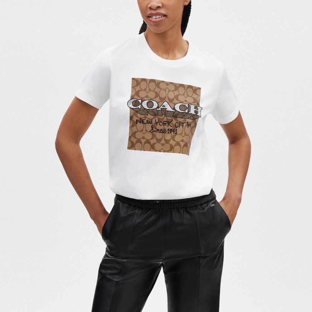 COACH®,Signature New York T Shirt In Organic Cotton,Cotton,T Shirt,No Embellishment,Casual,White,Scale View