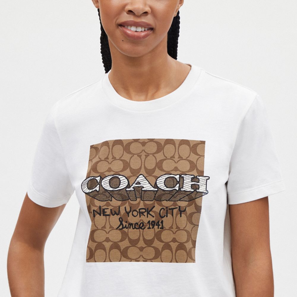 COACH®,Signature New York T Shirt In Organic Cotton,Cotton,T Shirt,No Embellishment,Casual,White,Detail View