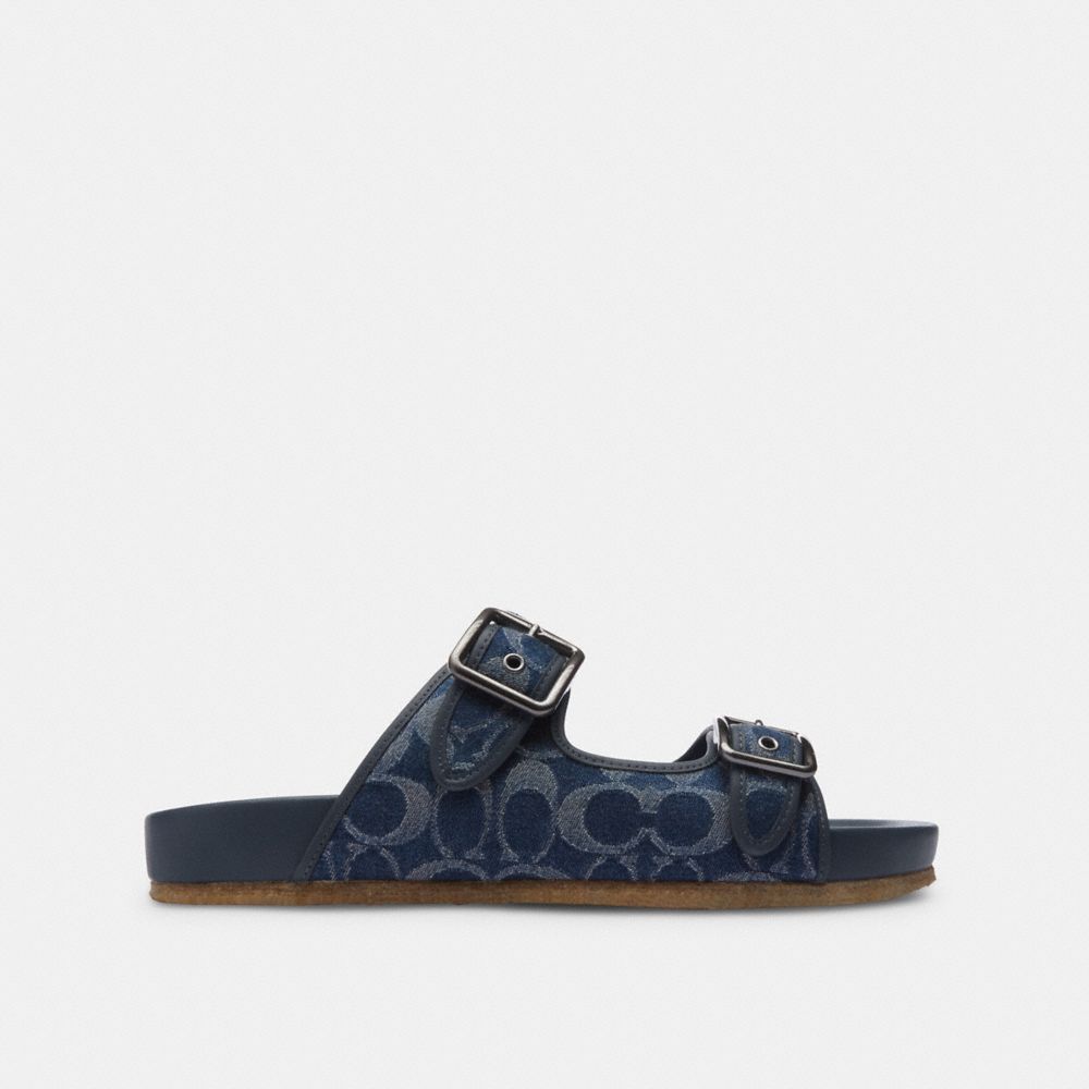 COACH®,BUCKLE STRAP SANDAL IN SIGNATURE DENIM,Blue Denim,Angle View