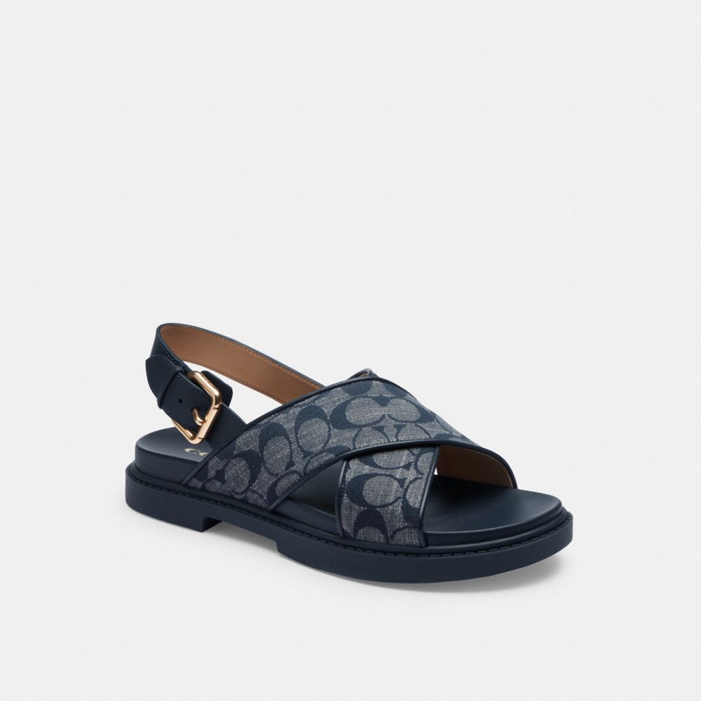 COACH®,FRASER SANDAL IN SIGNATURE CHAMBRAY,chambray,Midnight Navy,Front View