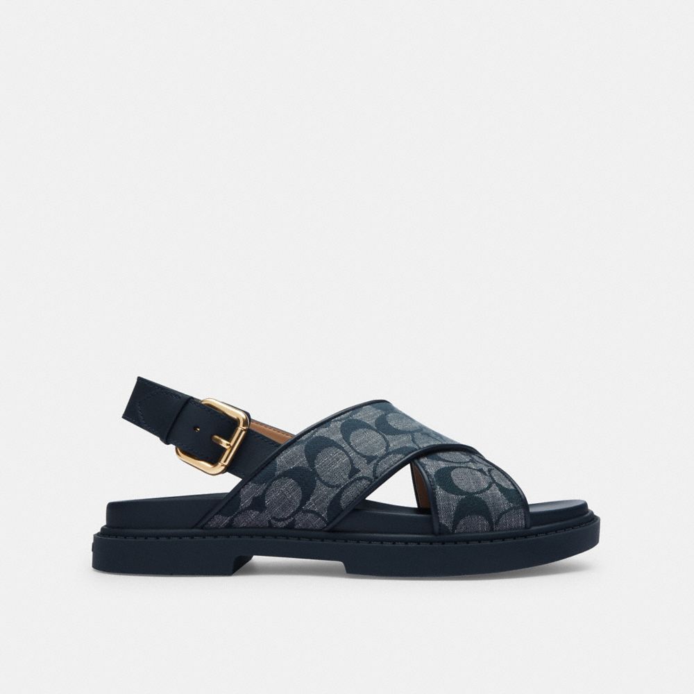 COACH®,FRASER SANDAL IN SIGNATURE CHAMBRAY,Midnight Navy,Angle View