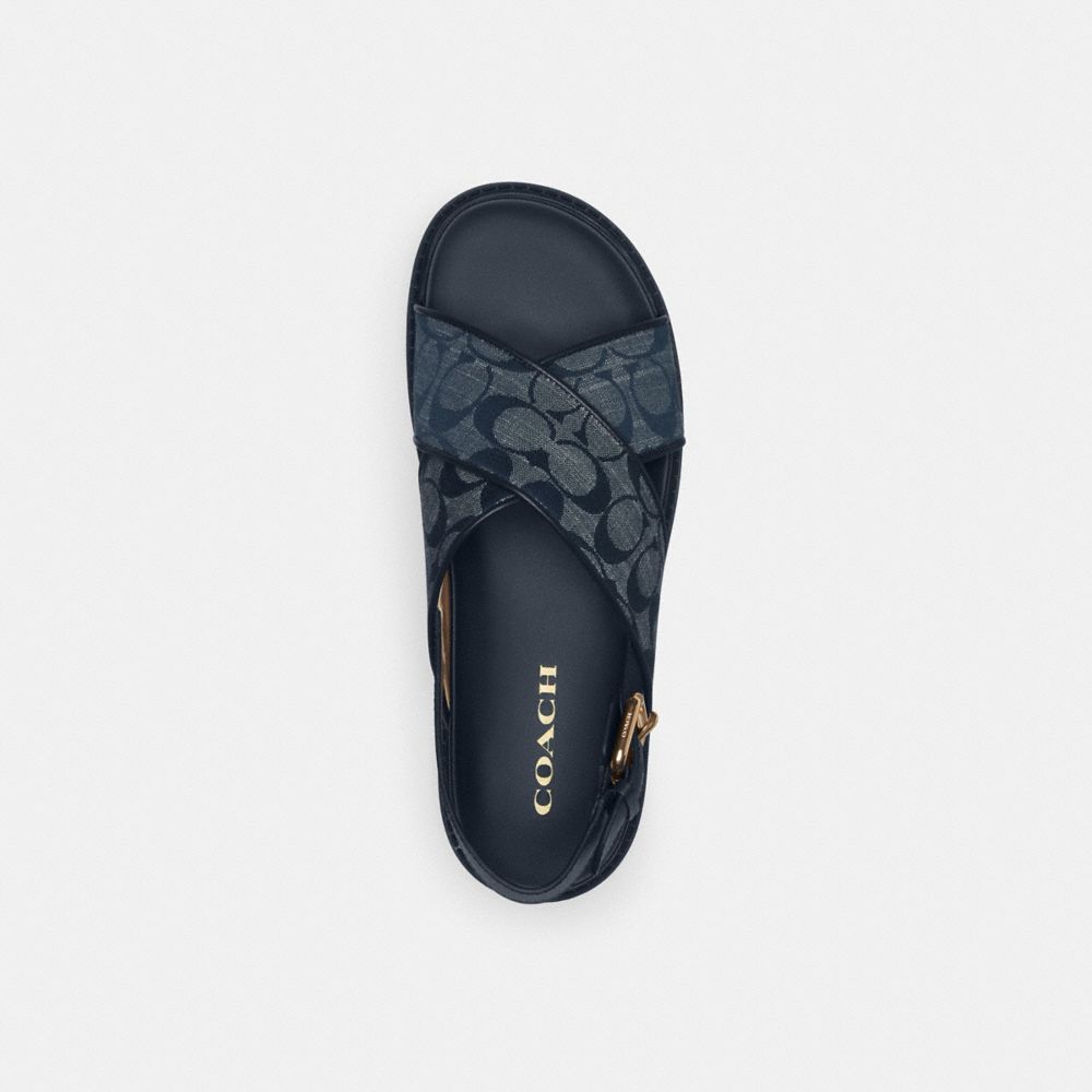 COACH®,Fraser Sandal In Signature Chambray,Leather,Rubber,Sandals,Logo,Piping,Gold Metal,Casual,Navy,Inside View,Top View