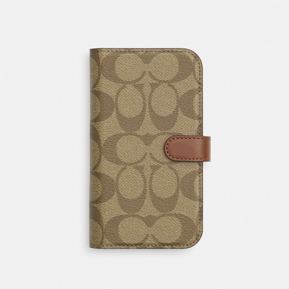 COACH®,IPHONE 15 PRO FOLIO IN SIGNATURE CANVAS,Mini,Khaki,Front View