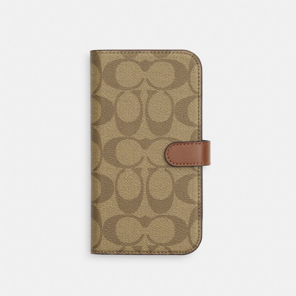 COACH®,IPHONE 15 PRO MAX FOLIO IN SIGNATURE CANVAS,Mini,Khaki,Front View