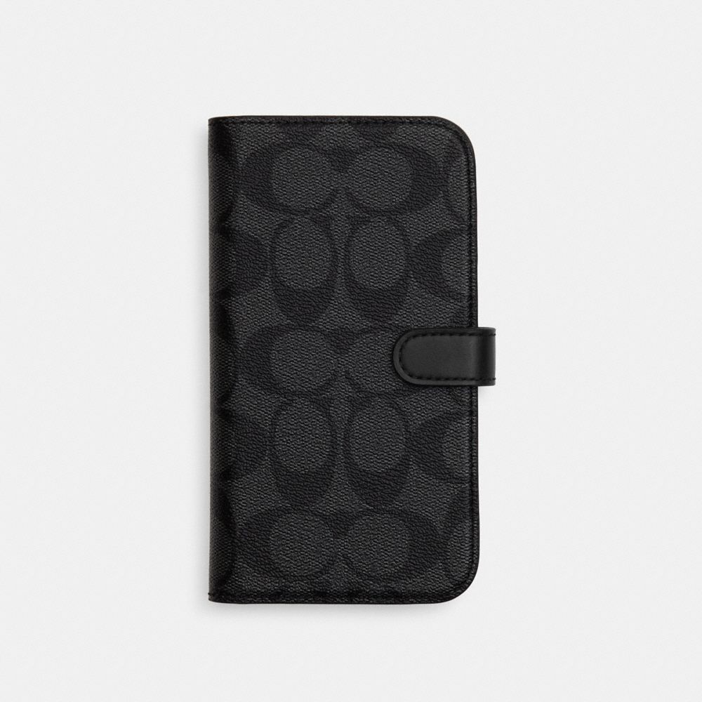 COACH®,IPHONE 15 PRO MAX FOLIO IN SIGNATURE CANVAS,pvc,Charcoal,Front View