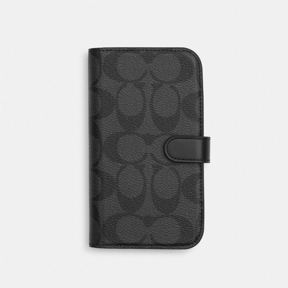 COACH®,IPHONE 15 FOLIO IN SIGNATURE CANVAS,Mini,Charcoal,Front View