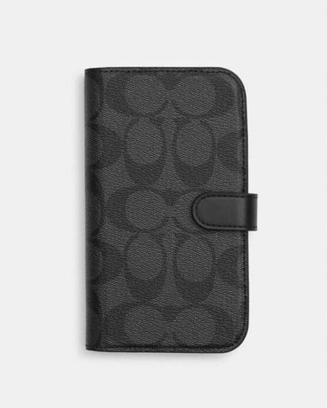 COACH®,IPHONE 15 FOLIO IN SIGNATURE CANVAS,pvc,Charcoal,Front View