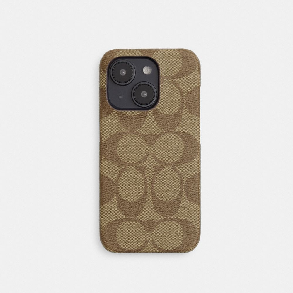 COACH®,IPHONE 15 PRO CASE IN SIGNATURE CANVAS,Khaki,Front View