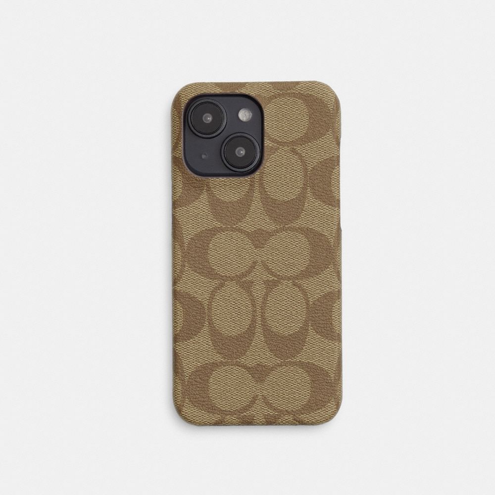 COACH®,IPHONE 15 CASE IN SIGNATURE CANVAS,Khaki,Front View