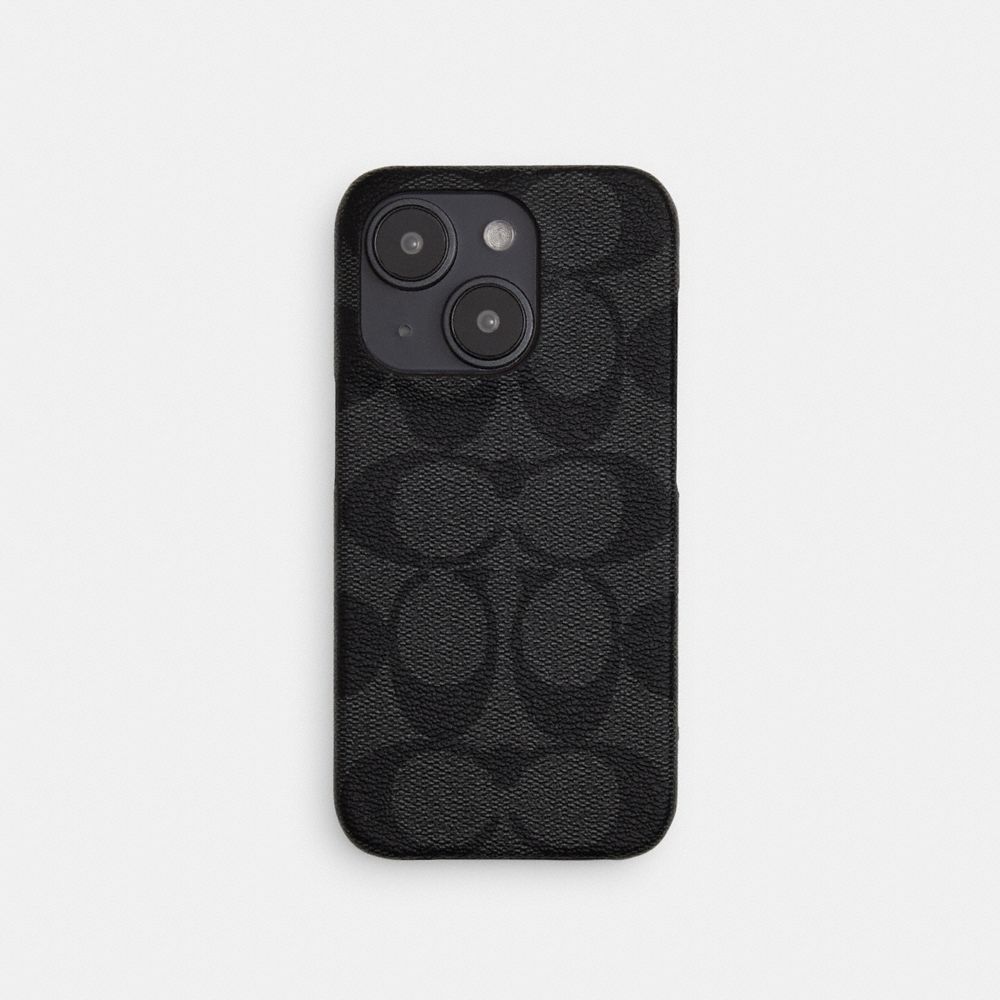 COACH®,IPHONE 15 PRO CASE IN SIGNATURE CANVAS,Charcoal,Front View