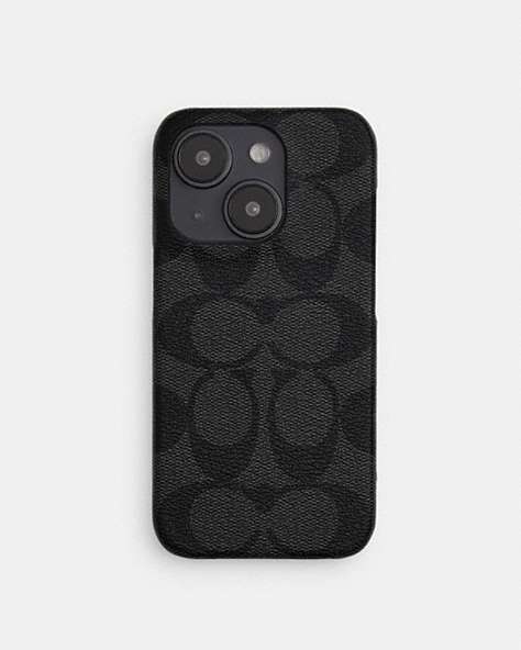 COACH®,IPHONE 15 PRO CASE IN SIGNATURE CANVAS,pvc,Charcoal,Front View