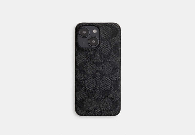 COACH®,IPHONE 15 PRO MAX CASE IN SIGNATURE CANVAS,pvc,Charcoal,Front View