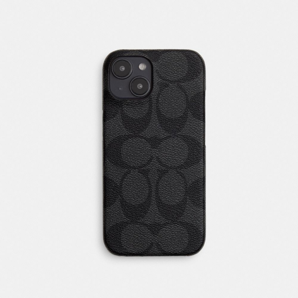 COACH®,IPHONE 15 CASE IN SIGNATURE CANVAS,Charcoal,Front View