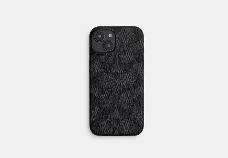 COACH®,IPHONE 15 CASE IN SIGNATURE CANVAS,pvc,Charcoal,Front View