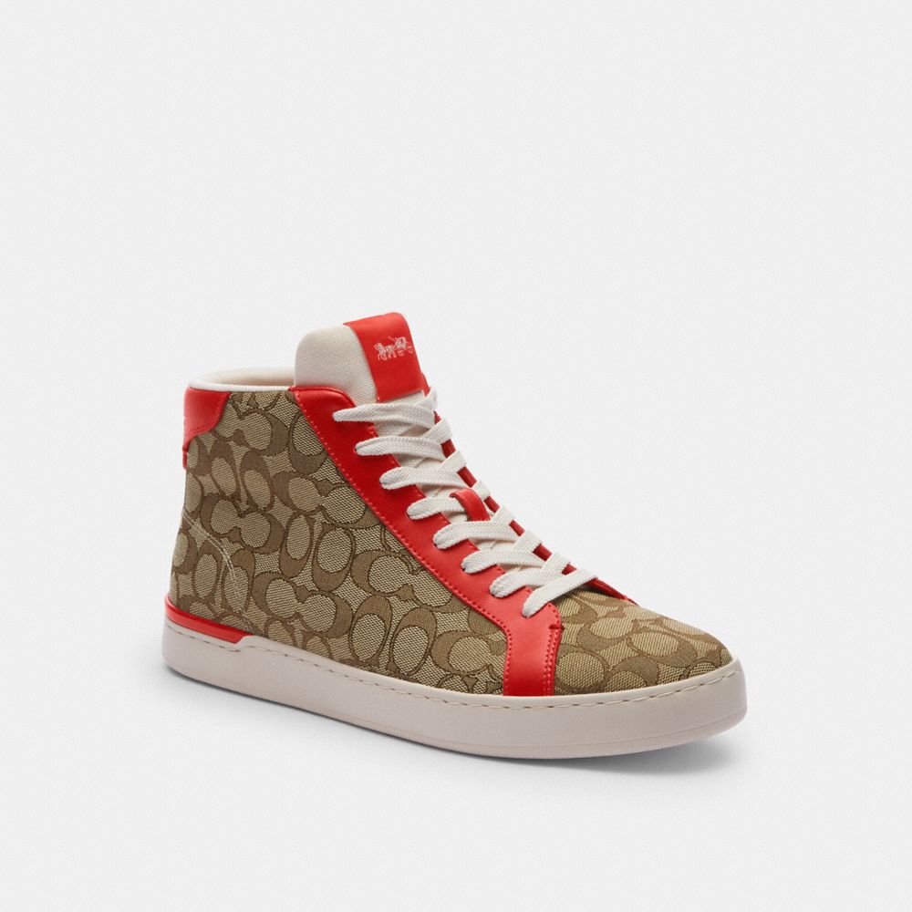 COACH®,CLIP HIGH TOP SNEAKER IN SIGNATURE CANVAS,Khaki/ Miami Red,Front View