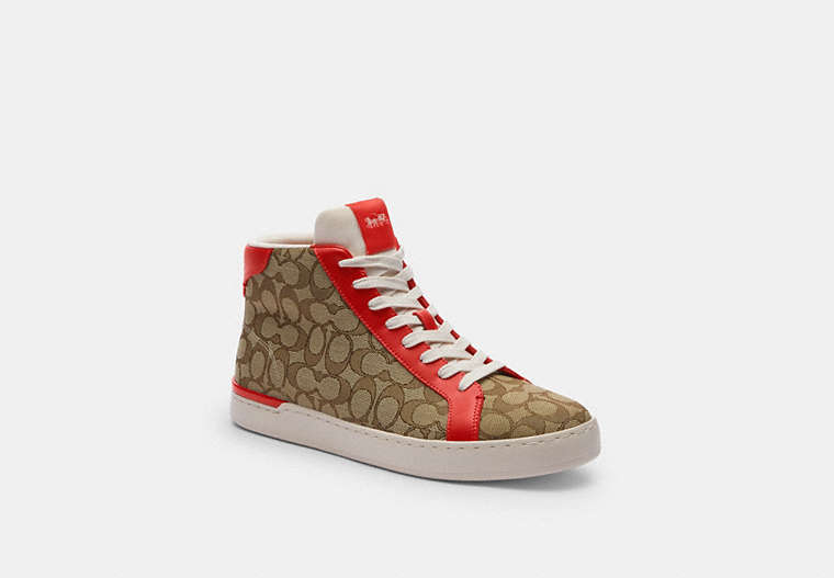 COACH®,CLIP HIGH TOP SNEAKER IN SIGNATURE CANVAS,mixedmaterial,Khaki/ Miami Red,Front View