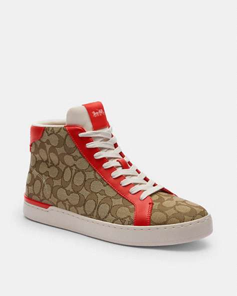 COACH®,CLIP HIGH TOP SNEAKER IN SIGNATURE CANVAS,mixedmaterial,Khaki/ Miami Red,Front View