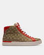 COACH®,CLIP HIGH TOP SNEAKER IN SIGNATURE CANVAS,mixedmaterial,Khaki/ Miami Red,Angle View