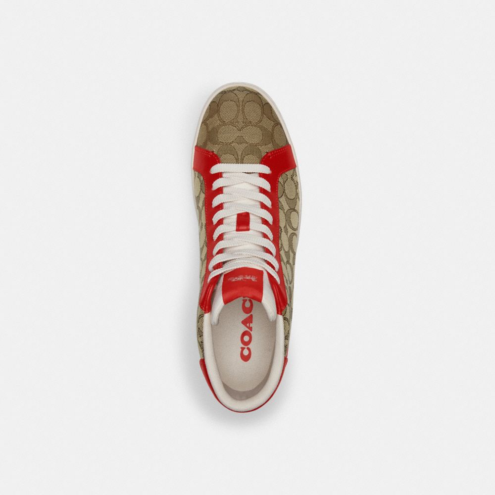 COACH®,CLIP HIGH TOP SNEAKER IN SIGNATURE CANVAS,Khaki/ Miami Red,Inside View,Top View