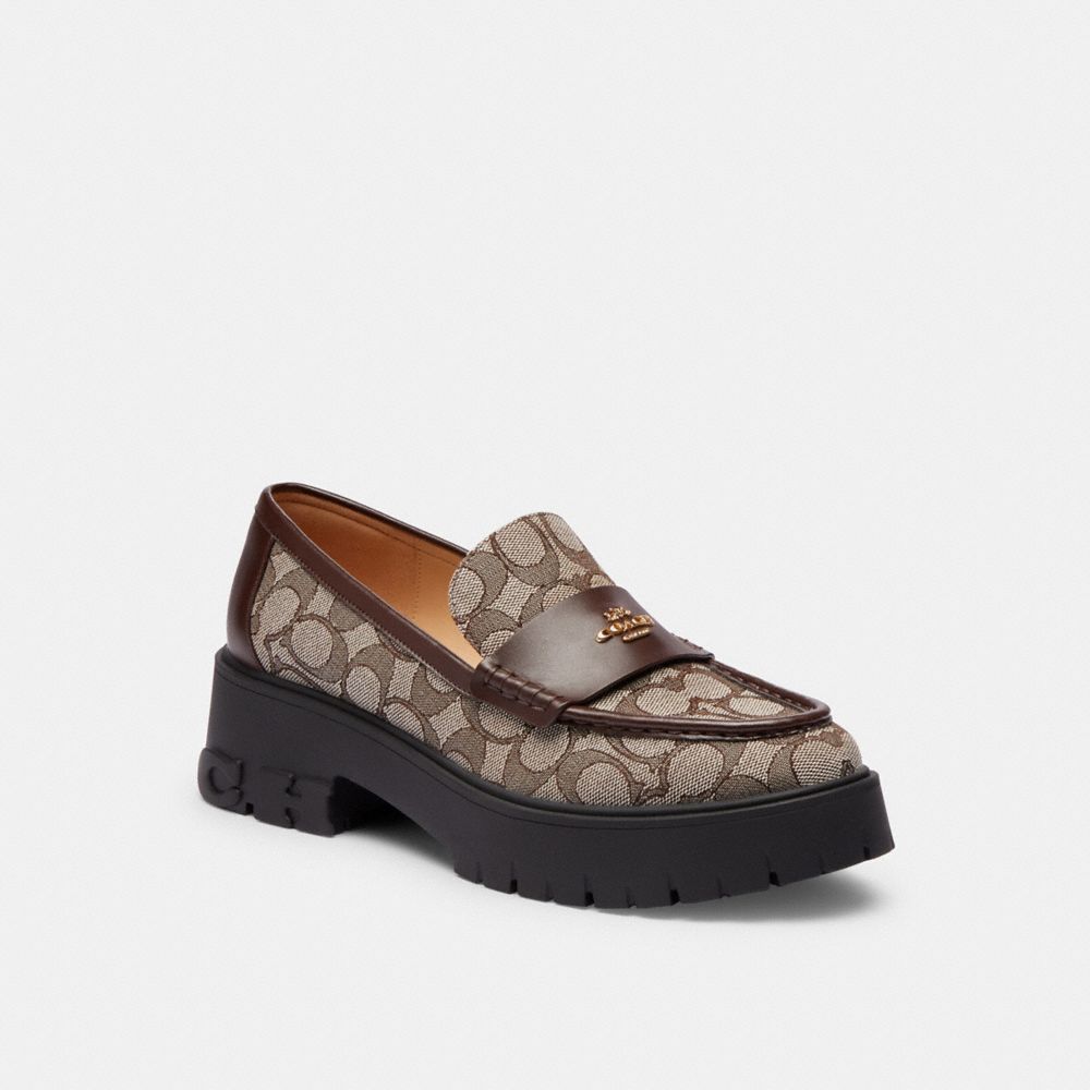 COACH®,Ruthie Loafer In Signature Jacquard,Lining Leather,Leather,Cotton,Loafer,Piping,Penny Loafer,Day Party,Brown,Front View image number 0