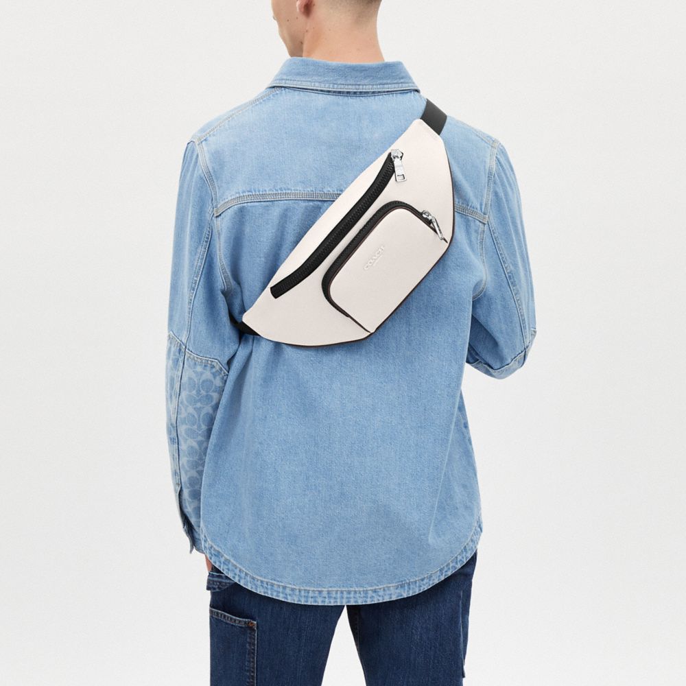 COACH®,Racer Belt Bag In Leather,Belt Bag,Metal,Logo,Casual,White,Detail View