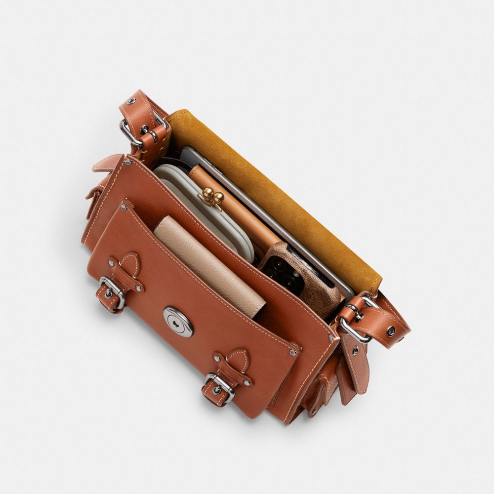 COACH®,Western Tabby,Leather,Shoulder Bag,Embossed,Logo,Studded,Metal,Silver Metal,Casual,Brown,Inside View,Top View