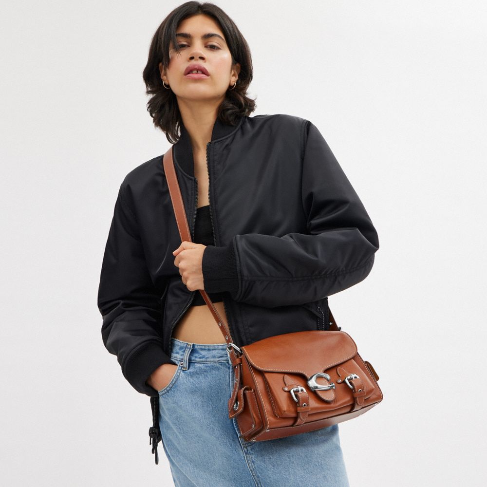 COACH®,Western Tabby,Leather,Shoulder Bag,Embossed,Logo,Studded,Metal,Silver Metal,Casual,Brown