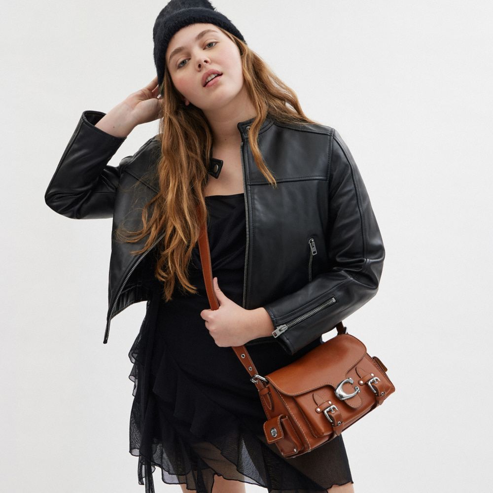 COACH®,Western Tabby,Leather,Shoulder Bag,Embossed,Logo,Studded,Metal,Silver Metal,Casual,Brown