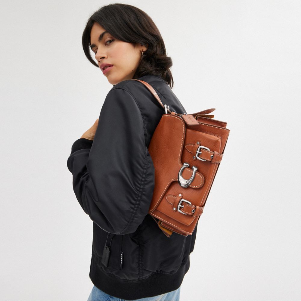 COACH®,Western Tabby,Leather,Shoulder Bag,Embossed,Logo,Studded,Metal,Silver Metal,Casual,Brown,Detail View