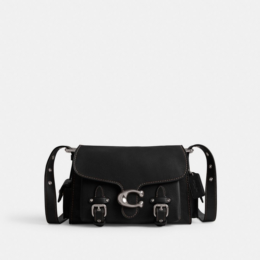 COACH®,Western Tabby,Leather,Shoulder Bag,Embossed,Logo,Studded,Metal,Silver Metal,Casual,Black,Front View