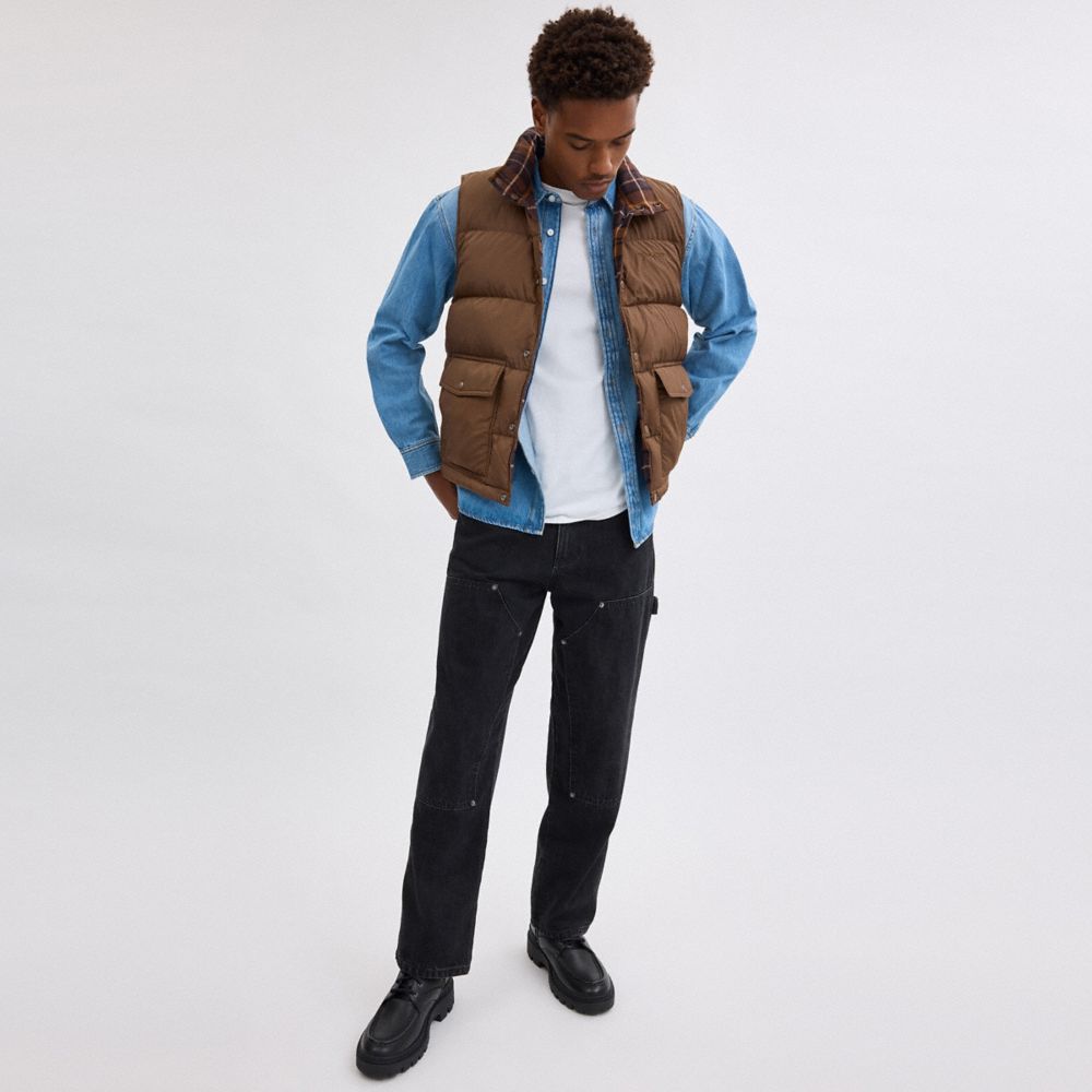 COACH®,Reversible Flannel Vest In Recycled Polyester,Vest,Quilted,Puffer,Sustainable,Casual,Brown,Scale View