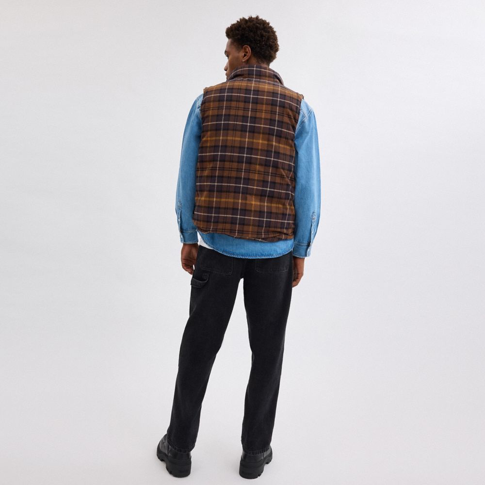 COACH®,Reversible Flannel Vest In Recycled Polyester,Vest,Quilted,Puffer,Sustainable,Casual,Brown,Scale View