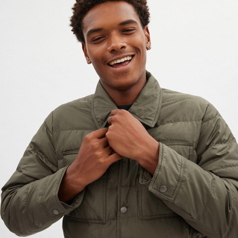 COACH®,Lightweight Shirt Down Jacket In Recycled Polyester,Quilted,Down,Sustainable,Casual,Olive,Detail View