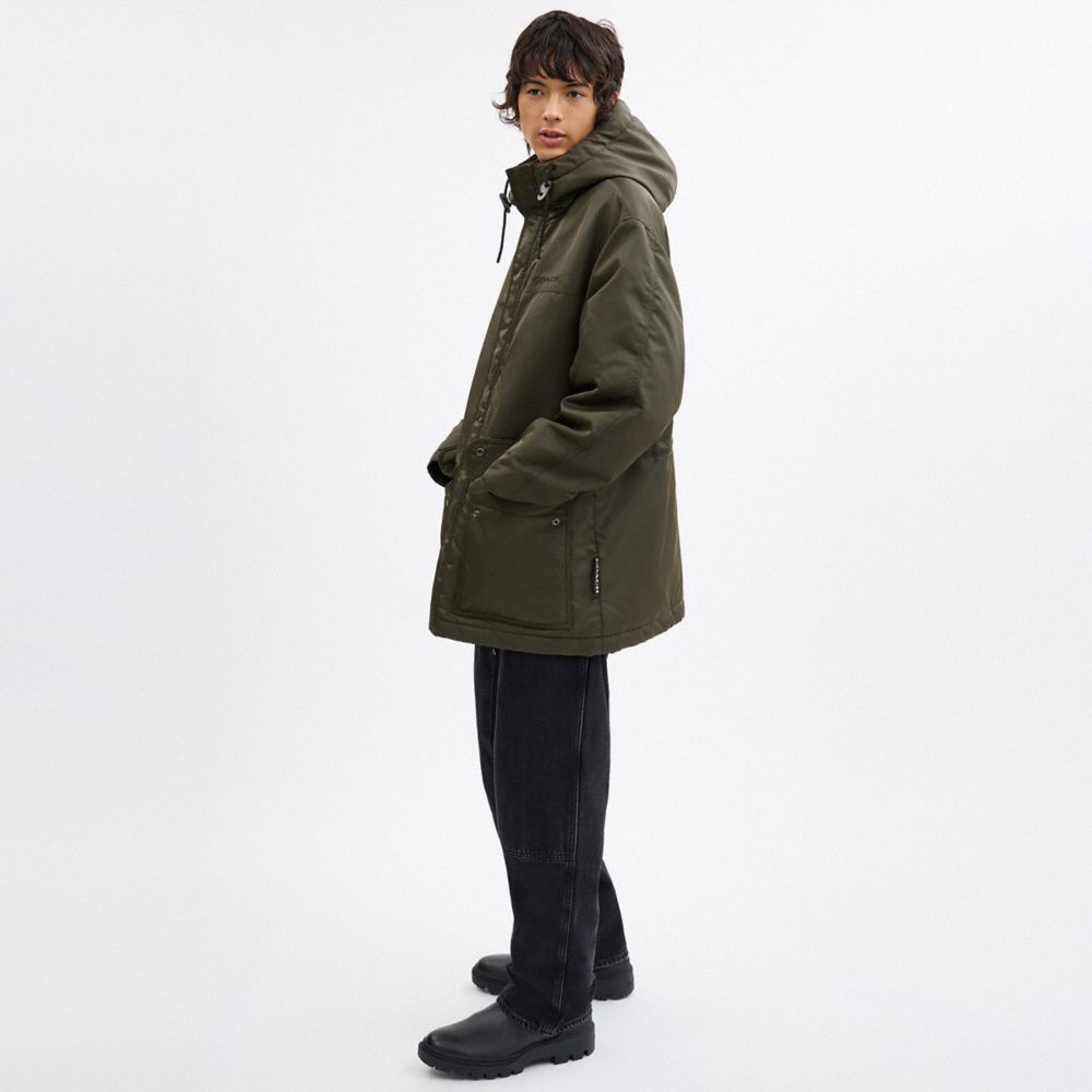 COACH®,Parka In Recycled Nylon,Polyamide,Parka,Drawstring,Logo,Sustainable,Ripstop,Casual,Outdoor,Olive,Scale View