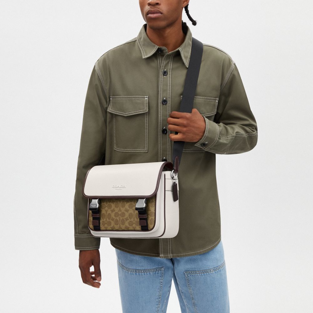 COACH®,Racer Messenger Bag In Colorblock Signature Canvas,Crossbody,Color Block,Metal,Piping,Logo,Pen Holder,Casual,White,Detail View