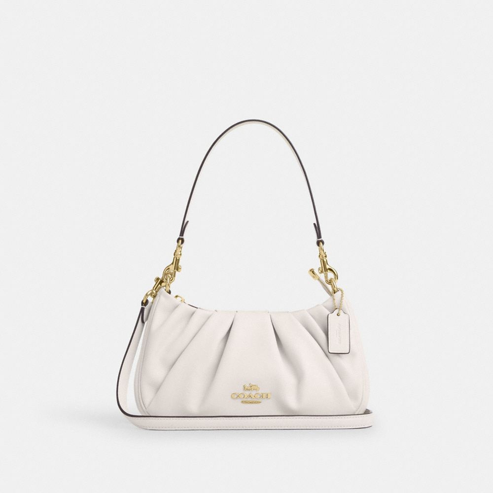 COACH®,Teri Shoulder Bag With Ruching,Shoulder Bag,Logo,Metal,Pleats,Day Party,Casual,White,Front View