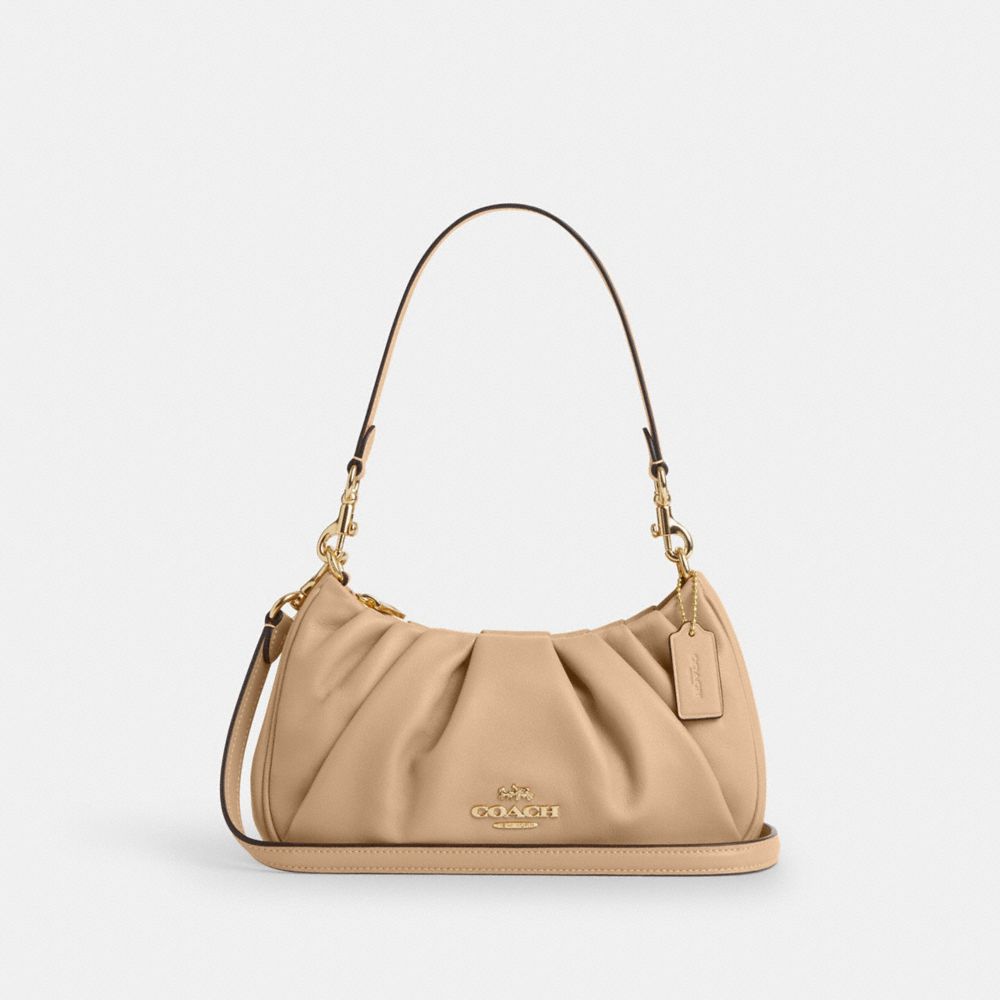 COACH®,Teri Shoulder Bag With Ruching,Shoulder Bag,Logo,Metal,Pleats,Day Party,Casual,Beige,Front View