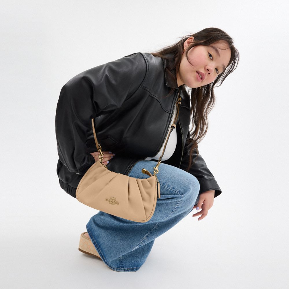 COACH®,Teri Shoulder Bag With Ruching,Shoulder Bag,Logo,Pleats,Metal,Casual,Day Party,Beige,Detail View