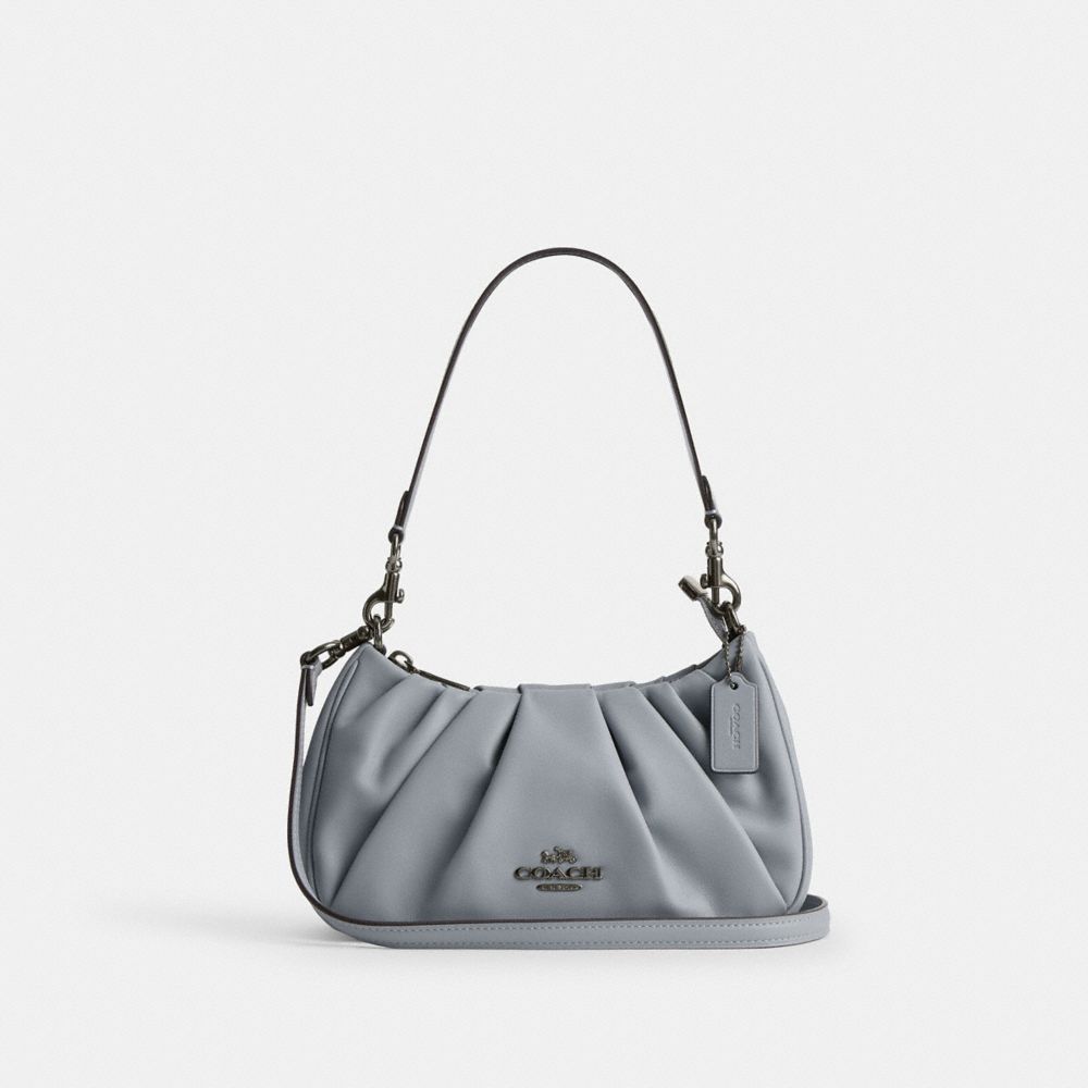 COACH®,Teri Shoulder Bag With Ruching,Shoulder Bag,Logo,Metal,Pleats,Day Party,Casual,Gray,Front View