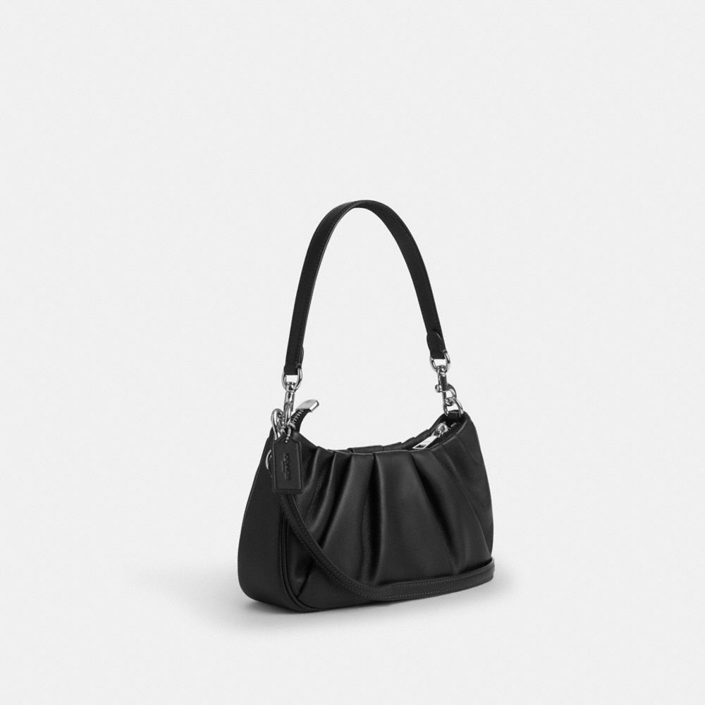 COACH®,Teri Shoulder Bag With Ruching,Shoulder Bag,Logo,Metal,Pleats,Day Party,Casual,Black,Angle View