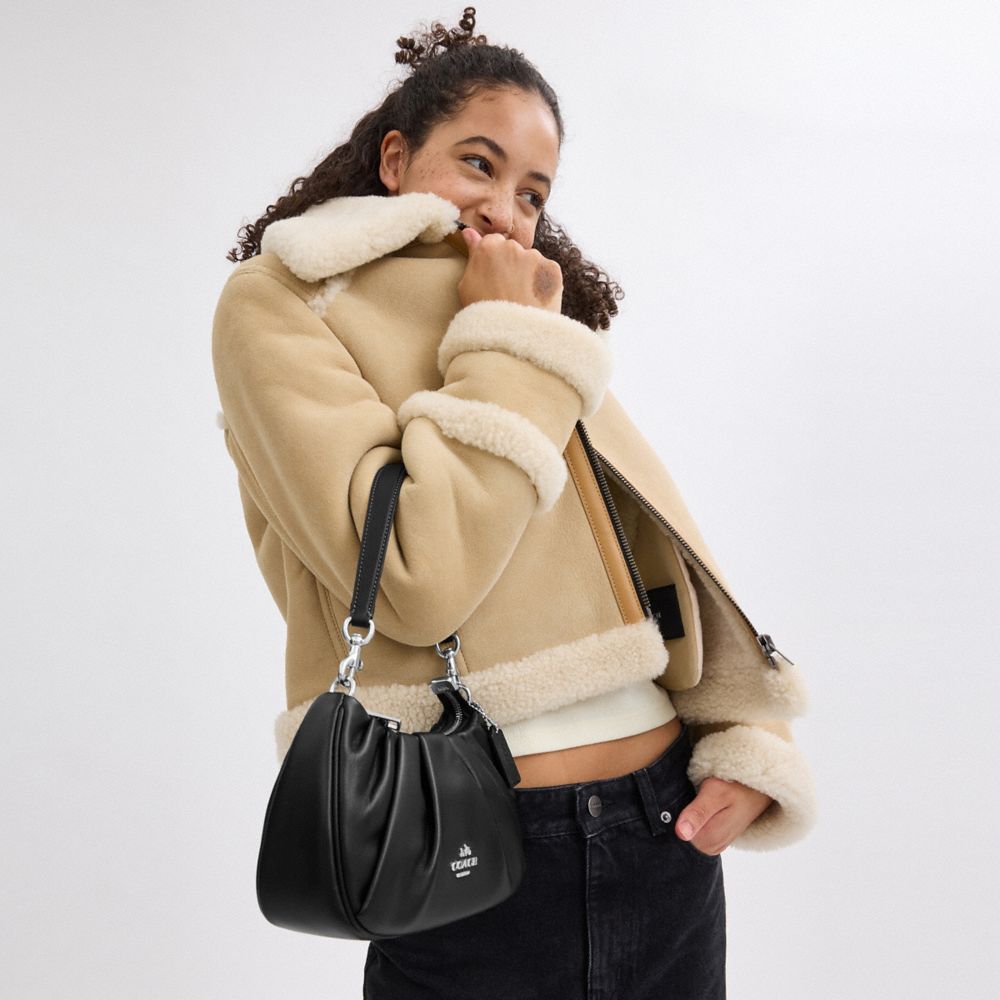 COACH®,Teri Shoulder Bag With Ruching,Shoulder Bag,Pleats,Metal,Logo,Casual,Day Party,Black,Detail View