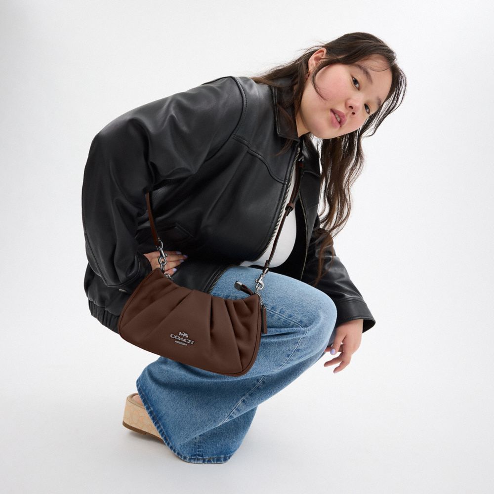 COACH®,Teri Shoulder Bag With Ruching,Shoulder Bag,Logo,Pleats,Metal,Casual,Day Party,Brown,Detail View
