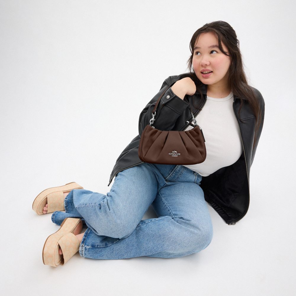 COACH®,Teri Shoulder Bag With Ruching,Shoulder Bag,Logo,Pleats,Metal,Casual,Day Party,Brown,Detail View
