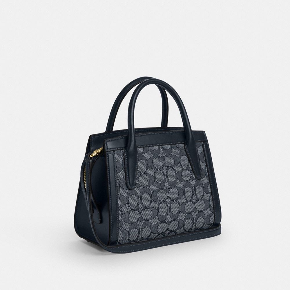 COACH®,Andrea Carryall Bag In Signature Jacquard,Calfskin Leather,Cotton,Crossbody,Color Block,Mixed Media,Casual,Blue,Angle View